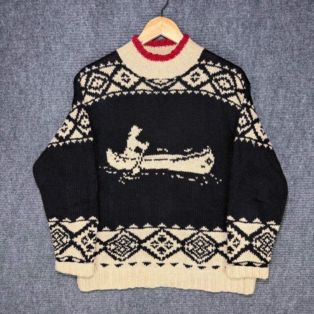 Lauren Ralph Lauren Hand Knit Linen Cotton Canoe Fair Isle Sweater Black PM